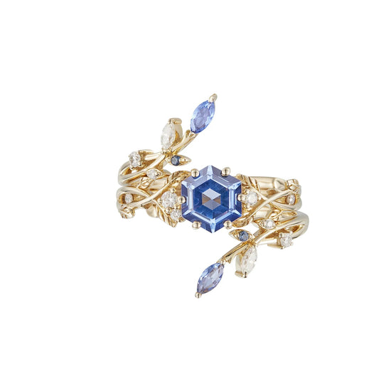 Hexagon Sapphire Vine Ring Set | Claire - GemsMagic