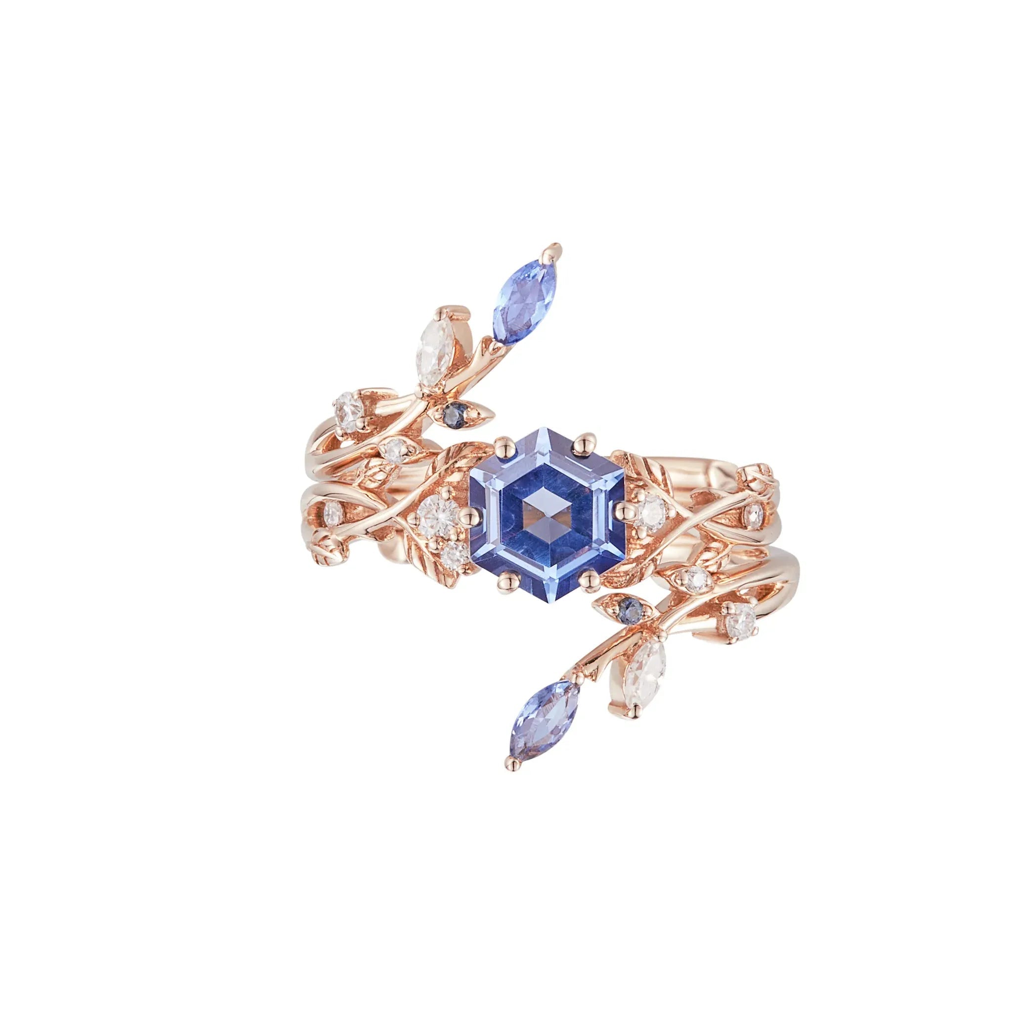 Hexagon Sapphire Vine Ring Set | Claire - GemsMagic
