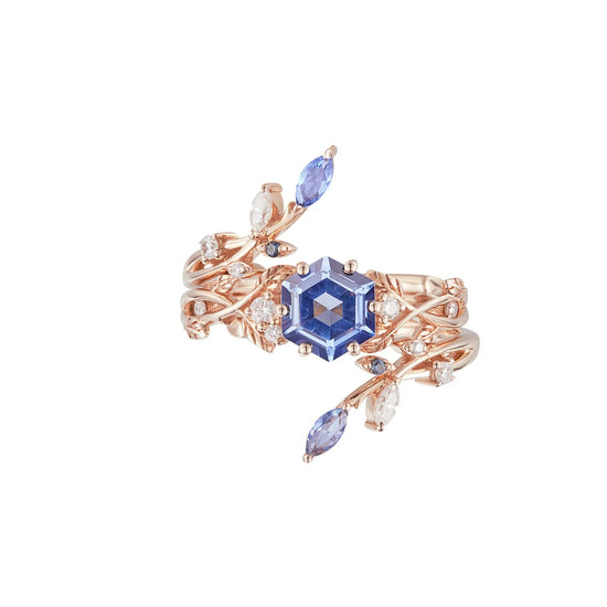 Hexagon Sapphire Vine Ring Set | Claire - GemsMagic