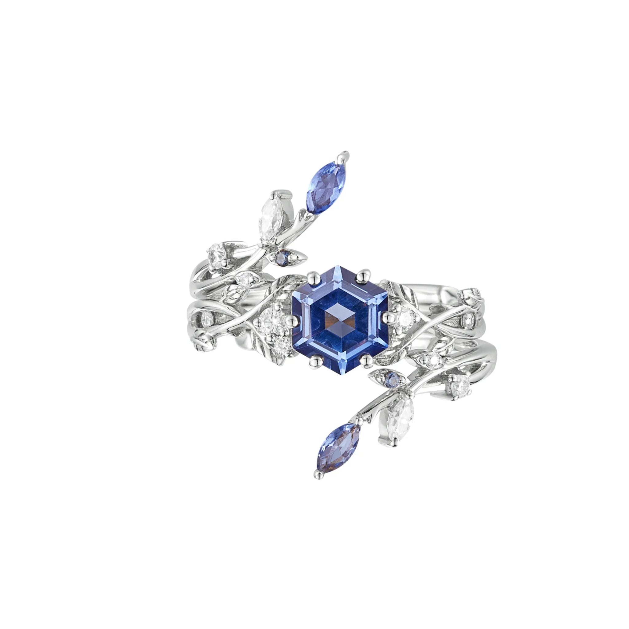 Hexagon Sapphire Vine Ring Set | Claire - GemsMagic
