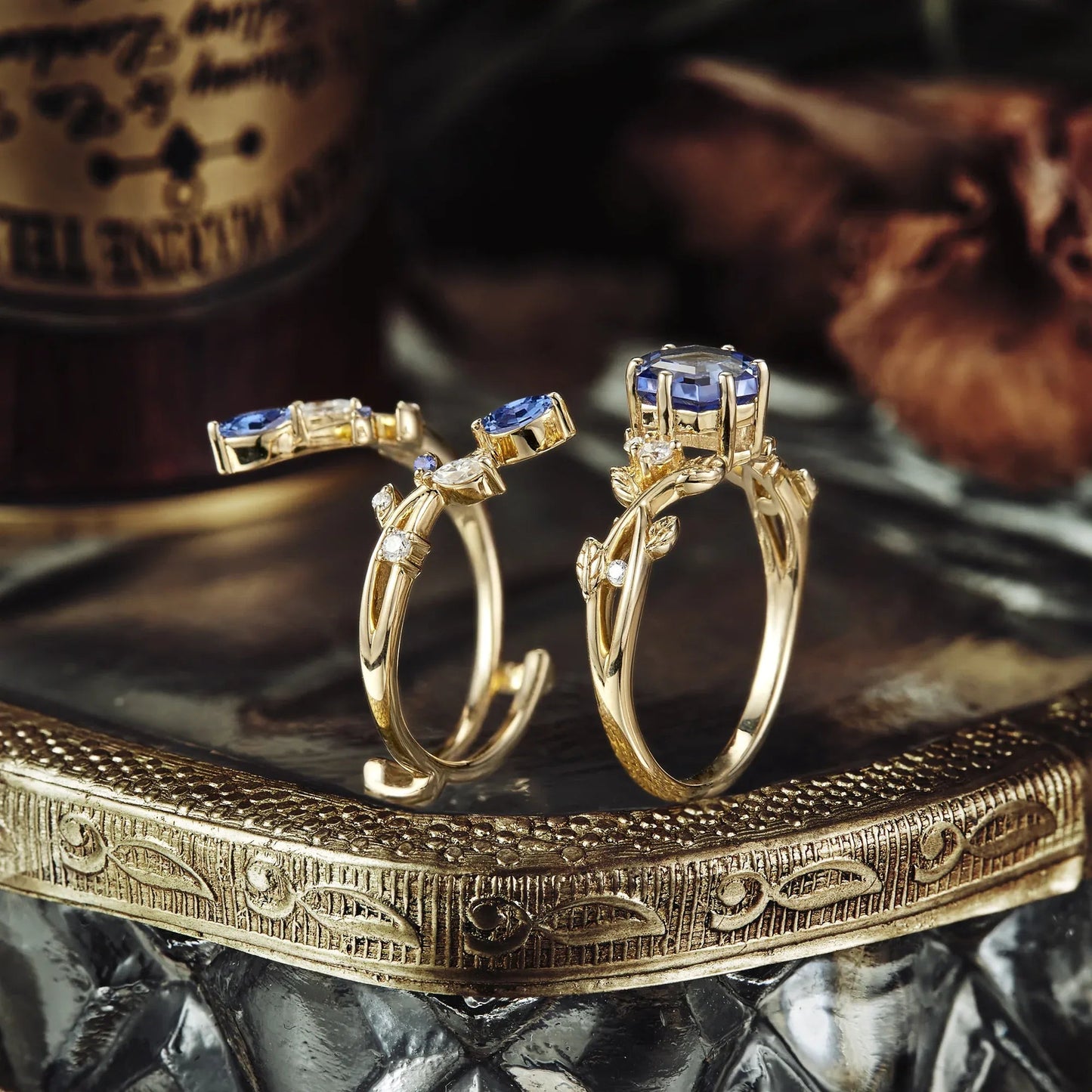 Hexagon Sapphire Vine Ring Set | Claire - GemsMagic