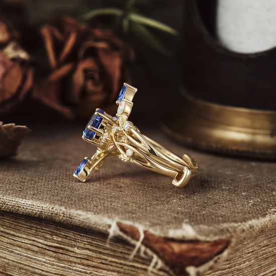 Hexagon Sapphire Vine Ring Set | Claire - GemsMagic