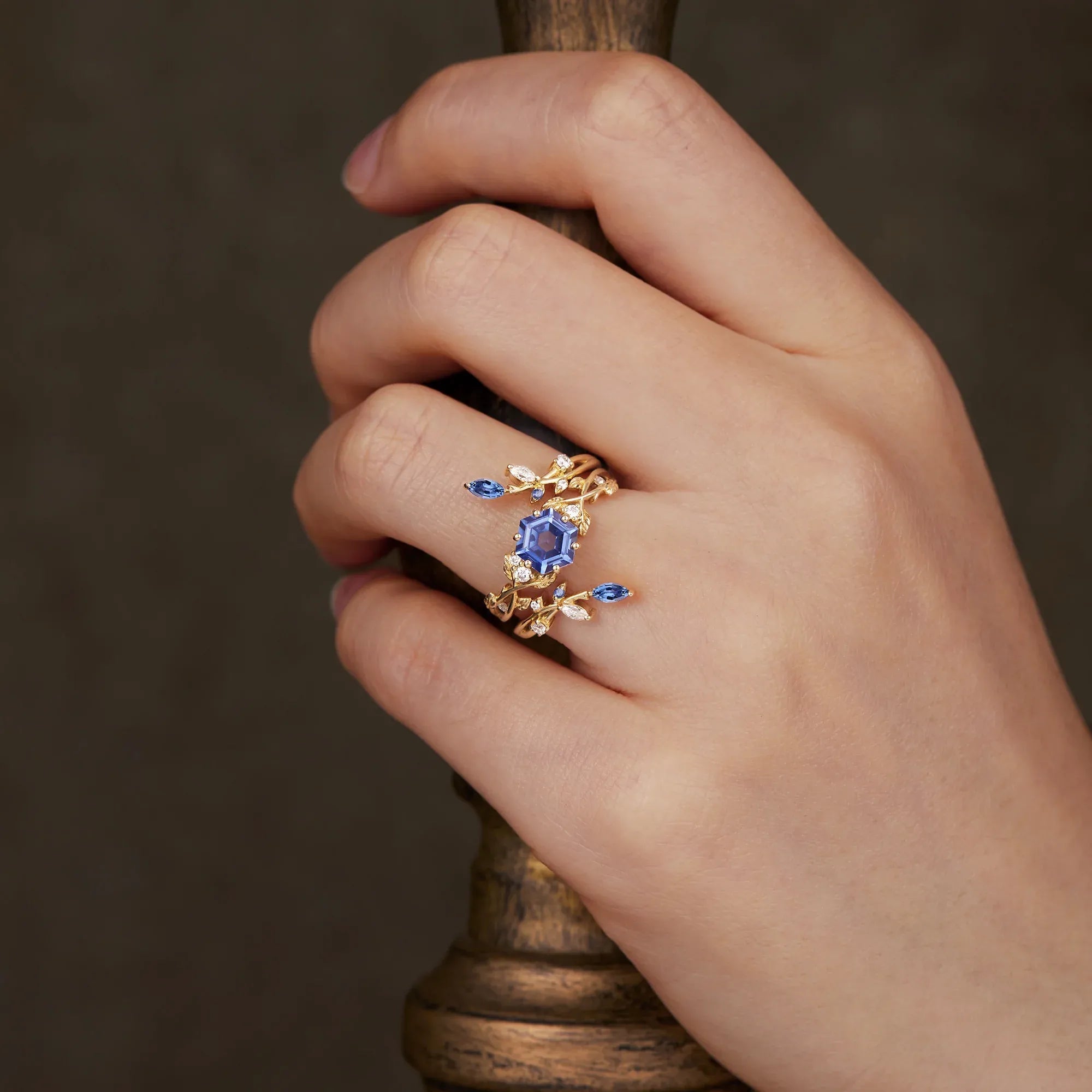 Hexagon Sapphire Vine Ring Set | Claire - GemsMagic