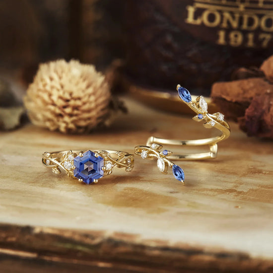 Hexagon Sapphire Vine Ring Set | Claire - GemsMagic