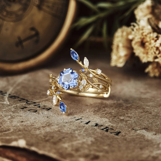 Hexagon Sapphire Vine Ring Set | Claire - GemsMagic
