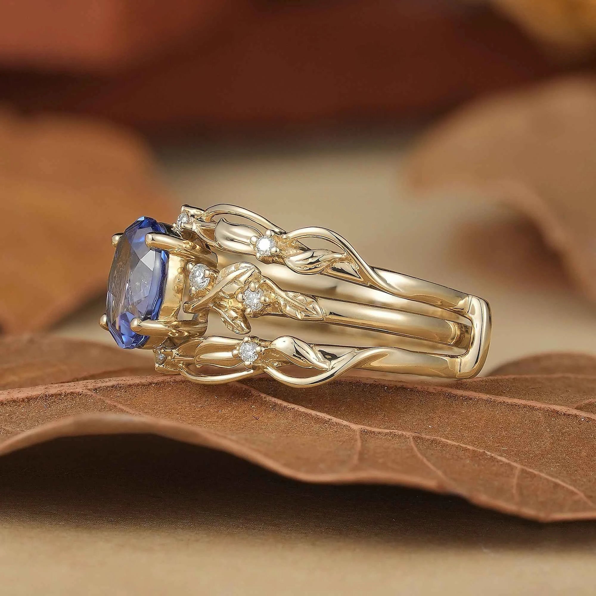Hidden Garden Gems:Cornflower Sapphire & Moissanite Ring Set - Theodora - GemsMagic