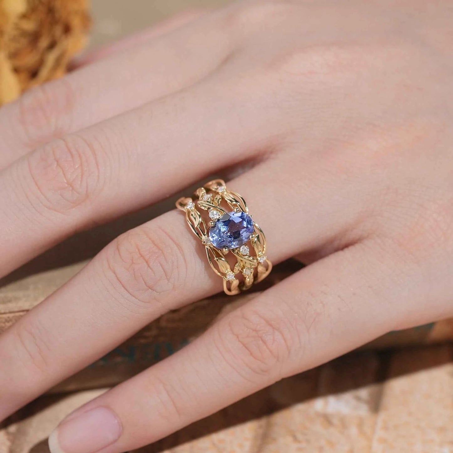 Hidden Garden Gems:Cornflower Sapphire & Moissanite Ring Set - Theodora - GemsMagic