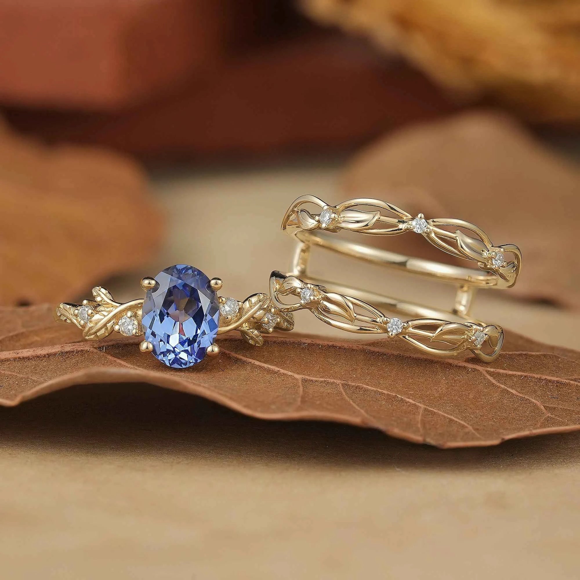 Hidden Garden Gems:Cornflower Sapphire & Moissanite Ring Set - Theodora - GemsMagic
