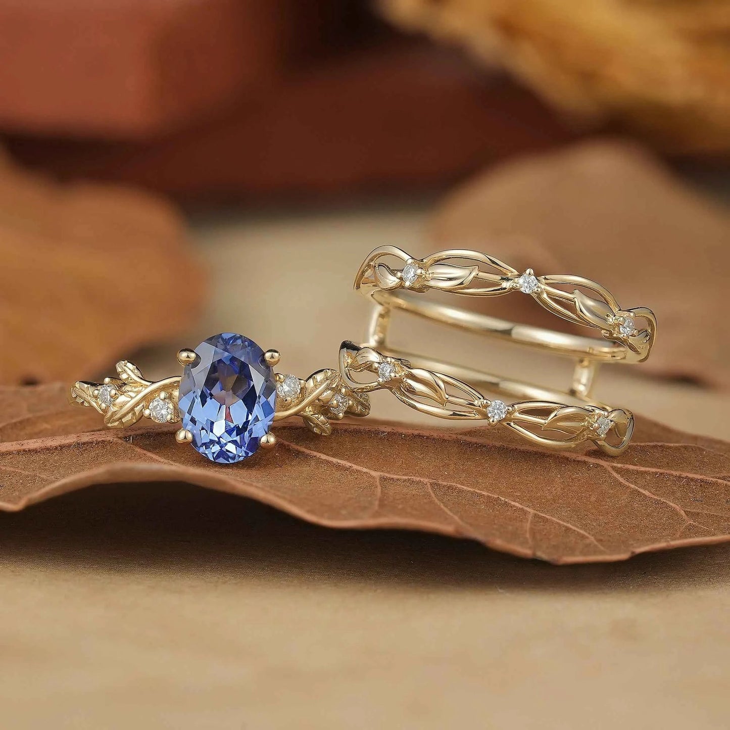 Hidden Garden Gems:Cornflower Sapphire & Moissanite Ring Set - Theodora - GemsMagic