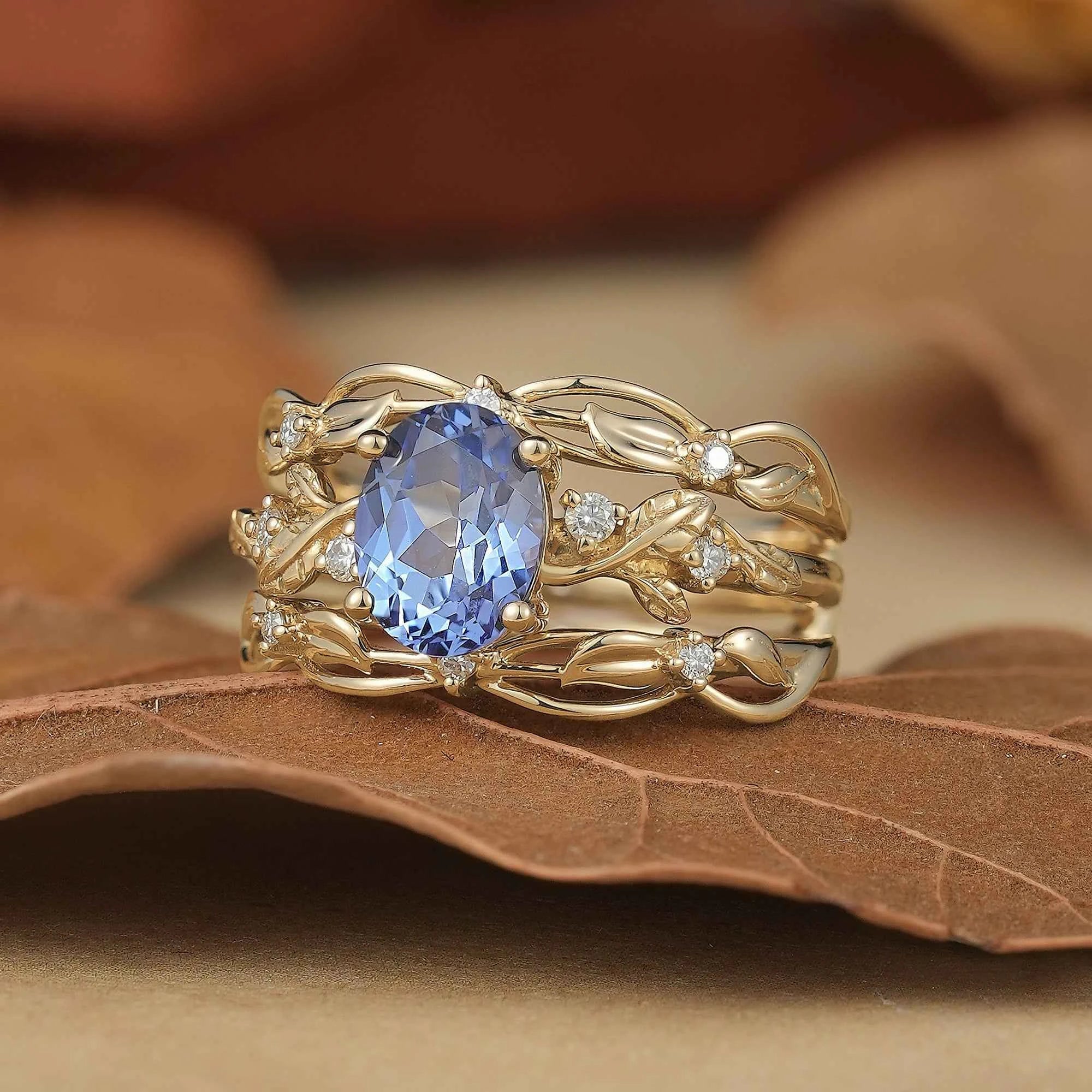 Hidden Garden Gems:Cornflower Sapphire & Moissanite Ring Set - Theodora - GemsMagic