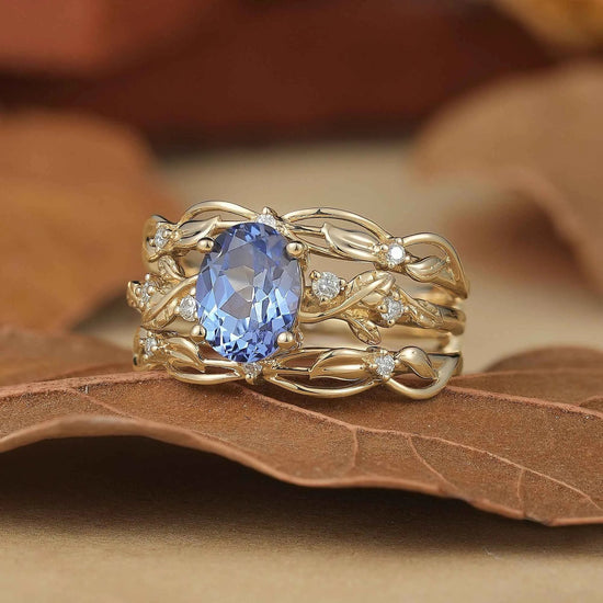 Hidden Garden Gems:Cornflower Sapphire & Moissanite Ring Set - Theodora - GemsMagic