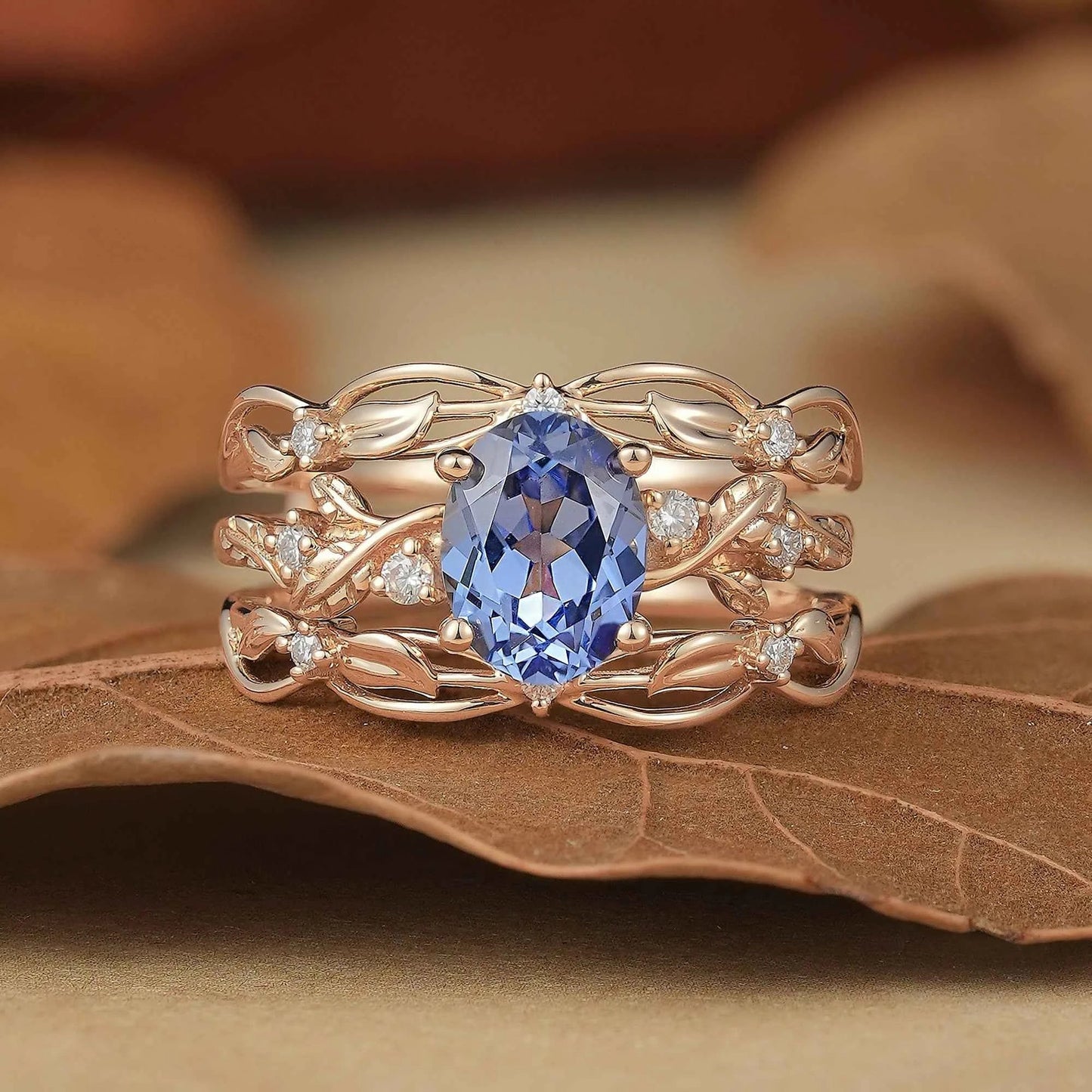 Hidden Garden Gems:Cornflower Sapphire & Moissanite Ring Set - Theodora - GemsMagic