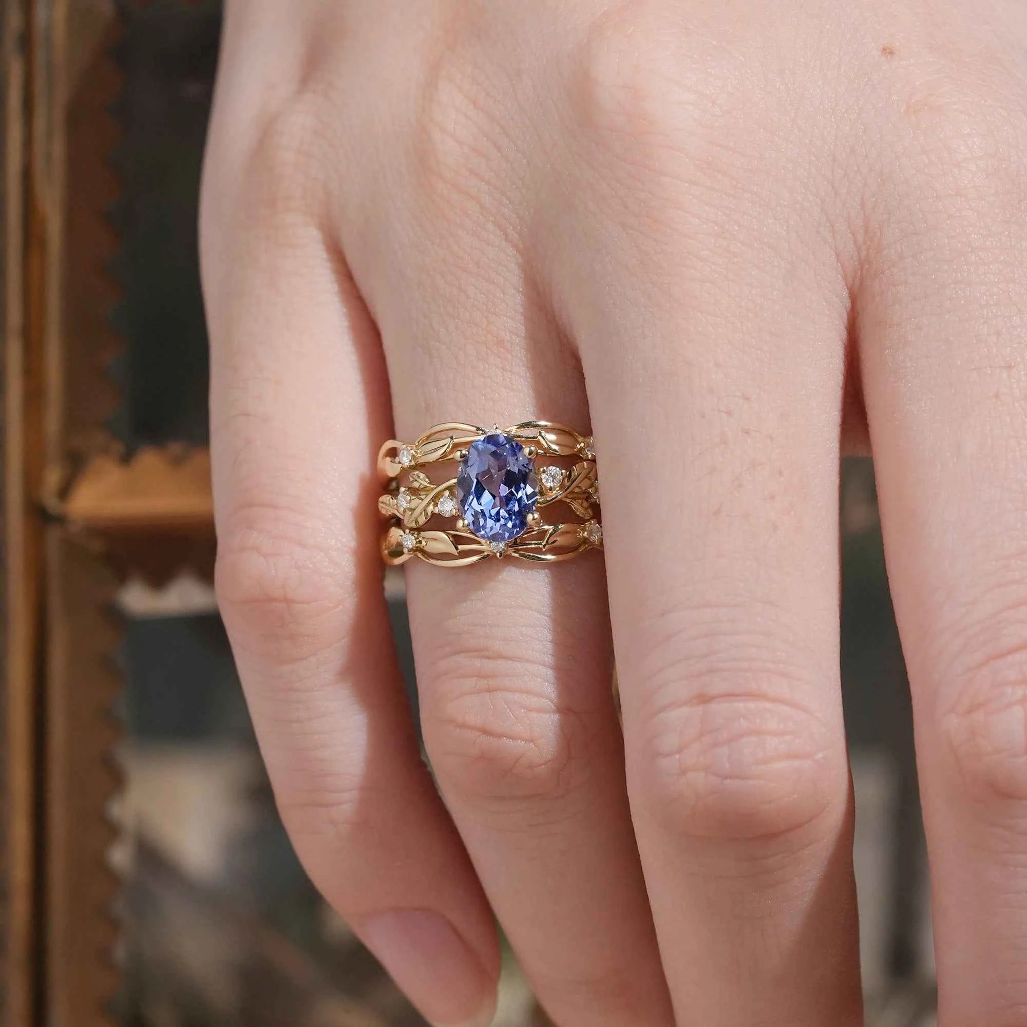 Hidden Garden Gems:Cornflower Sapphire & Moissanite Ring Set - Theodora - GemsMagic