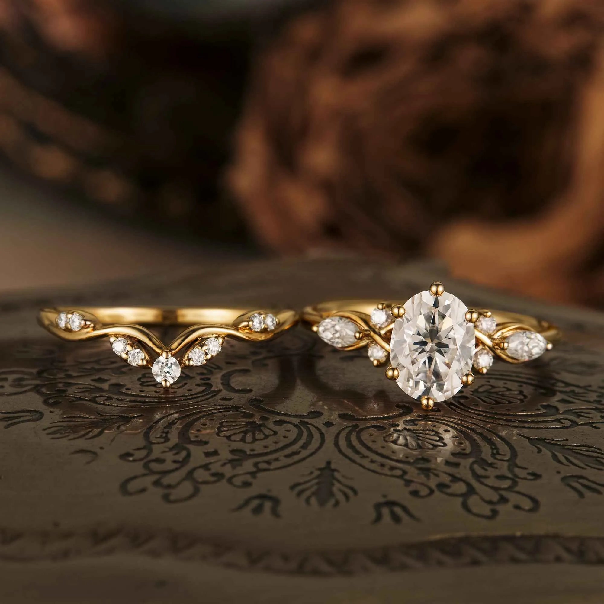 Honeysuckle Inspired Moissanite Ring Set 2pcs - GemsMagic - GemsMagic