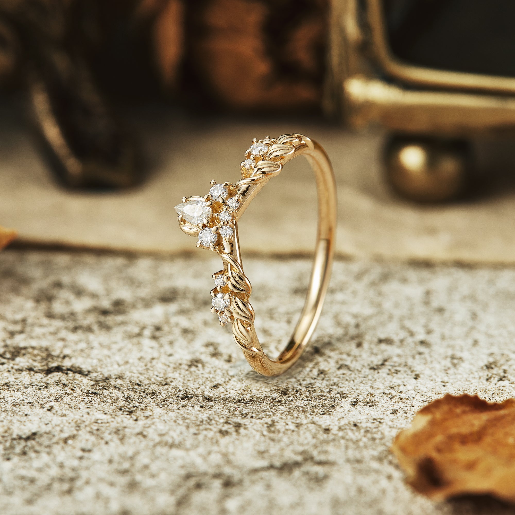 Inverted Pear Leaf Design Wedding Band - Abigail - GemsMagic