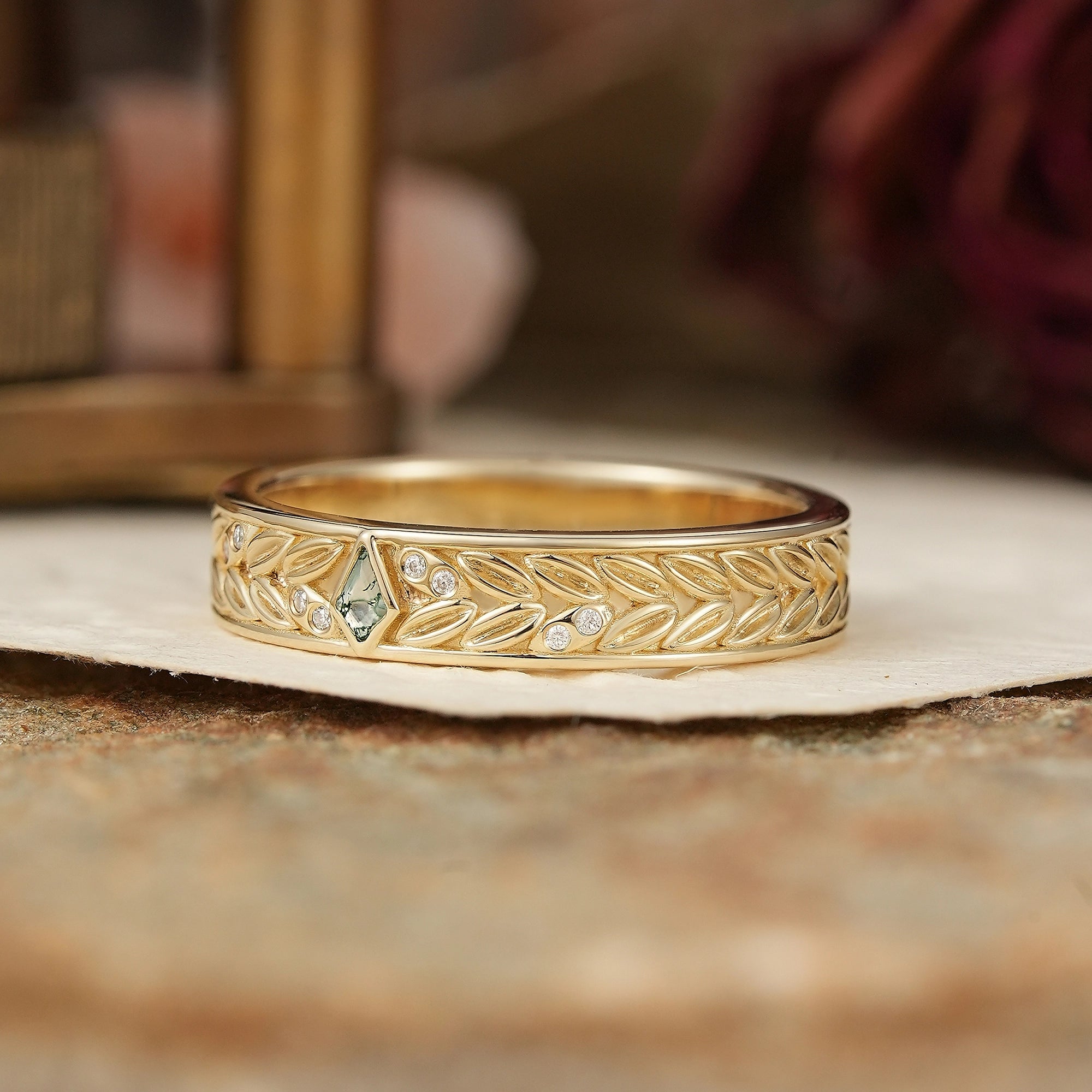 Kite Cut Bezel Moss Agate Leaf Inspired Men's Ring - GemsMagic