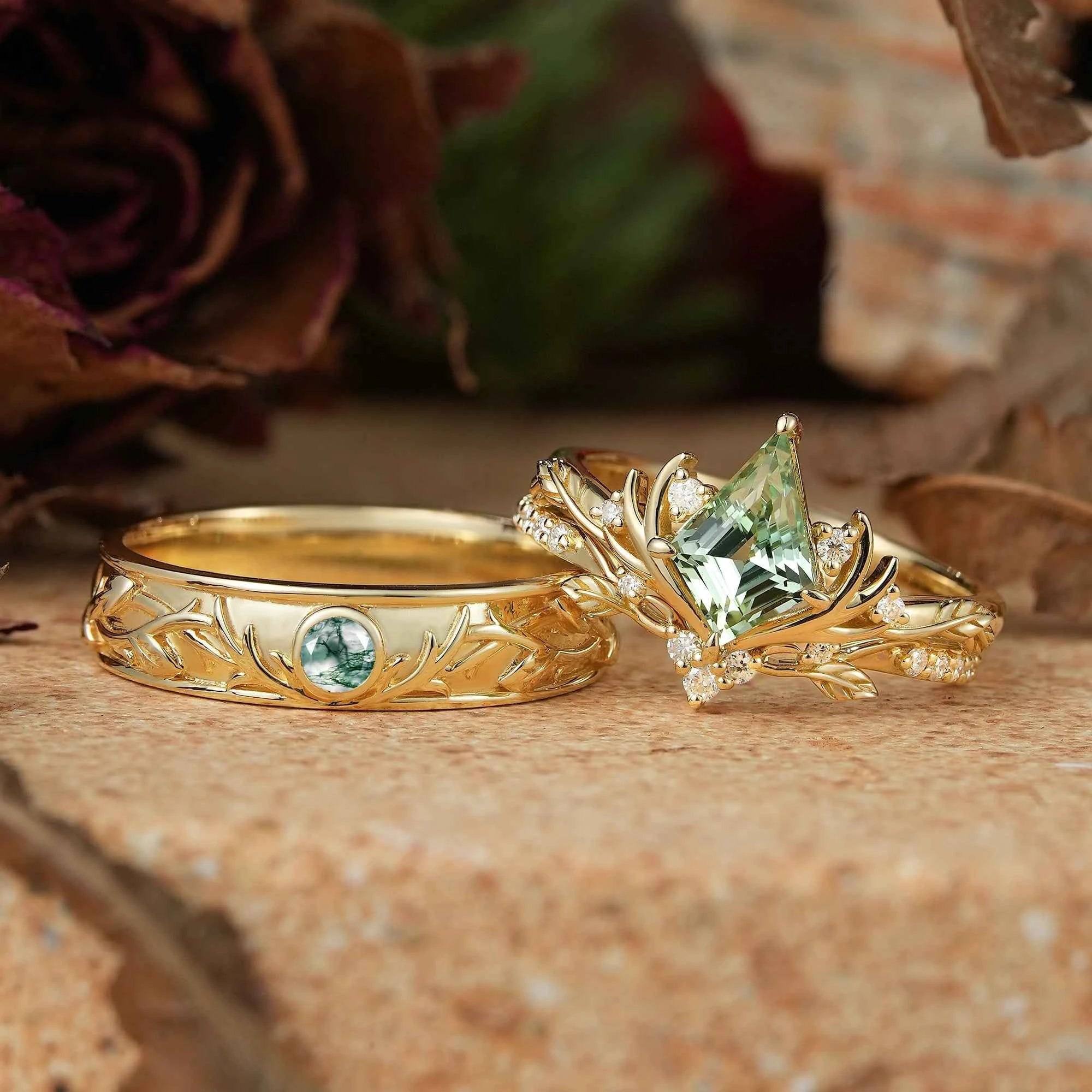kite cut green sapphire and moss agate stag inspired couple ring set nature style bridal and mens rings