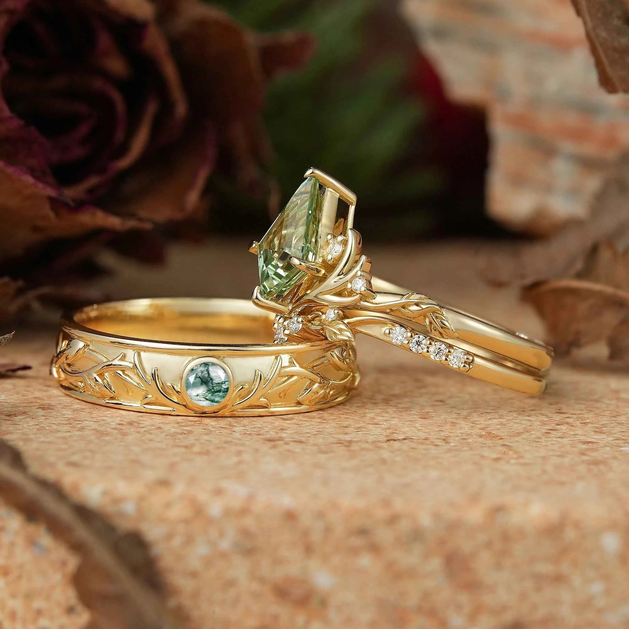 Kite Cut Green Sapphire Bridal Ring Set And Moss Agate Men's Ring Stag Inspired Couple Ring Set - GemsMagic