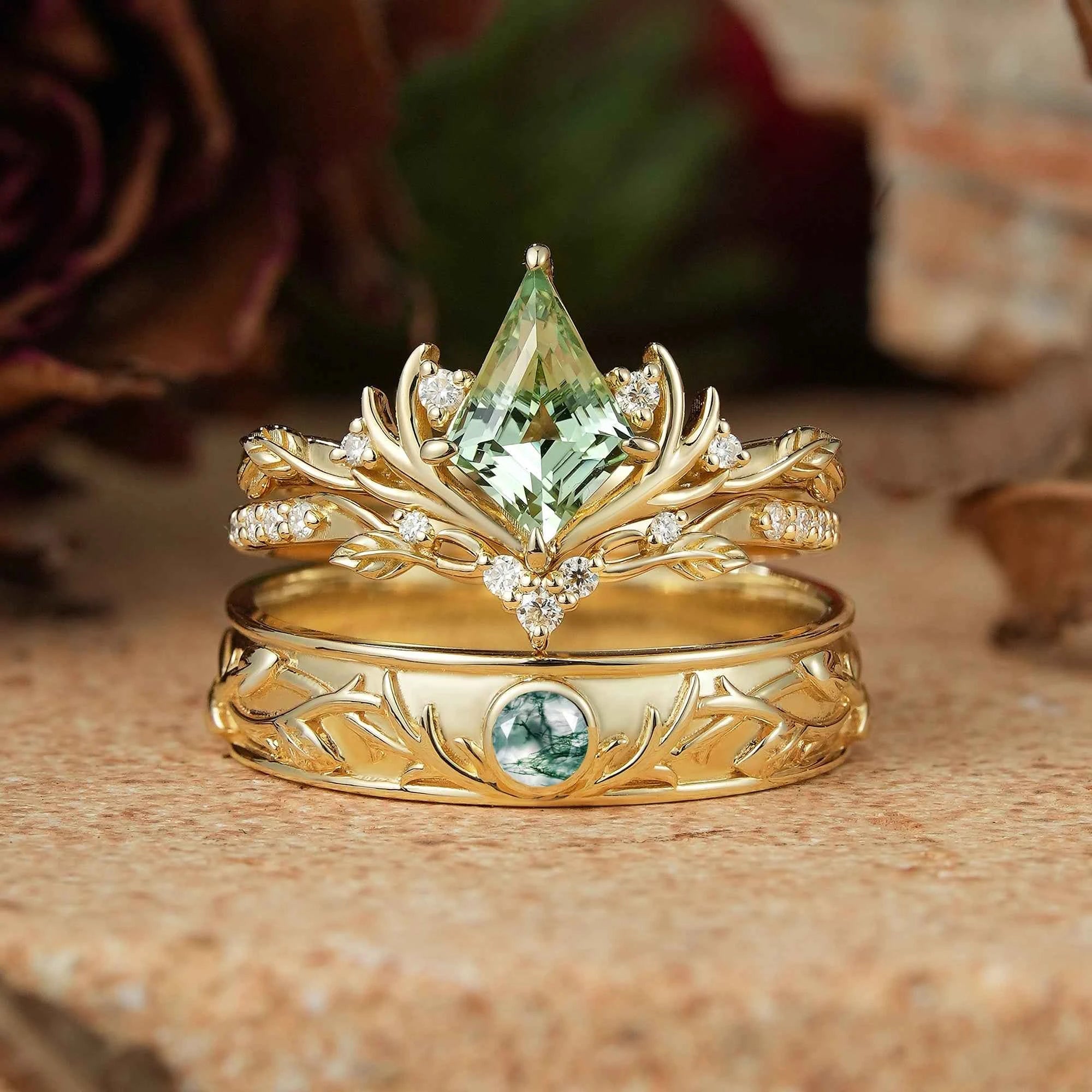 Kite Cut Green Sapphire Bridal Ring Set And Moss Agate Men's Ring Stag Inspired Couple Ring Set - GemsMagic