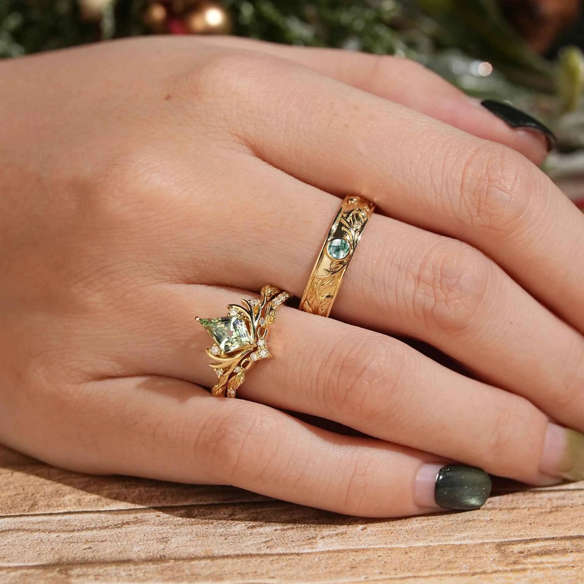 Kite Cut Green Sapphire Bridal Ring Set And Moss Agate Men's Ring Stag Inspired Couple Ring Set - GemsMagic