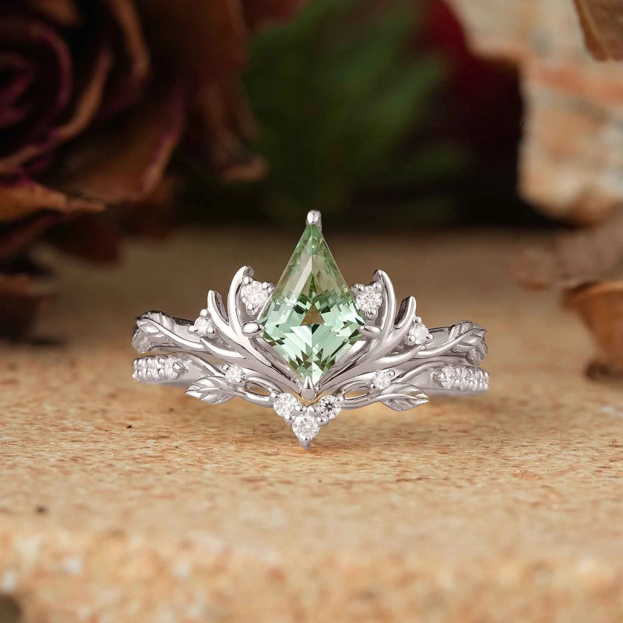 Kite Cut Green Sapphire Stag Inspired Bridal Ring Set Elven Ring Set