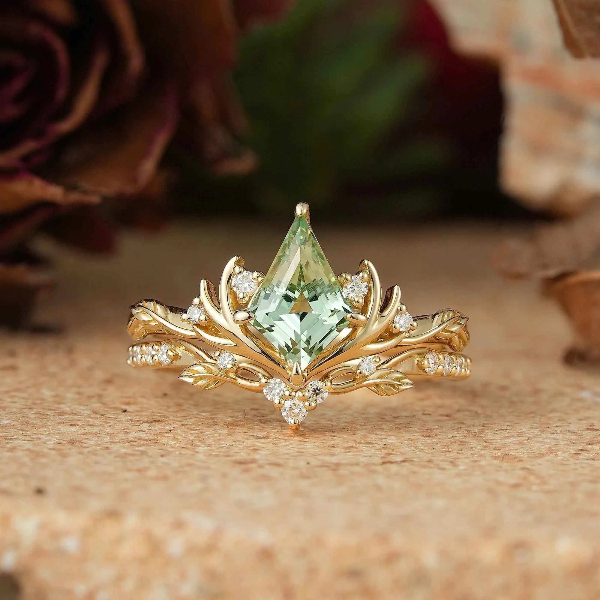 Kite Cut Green Sapphire Stag Inspired Bridal Ring Set Elven Ring Set