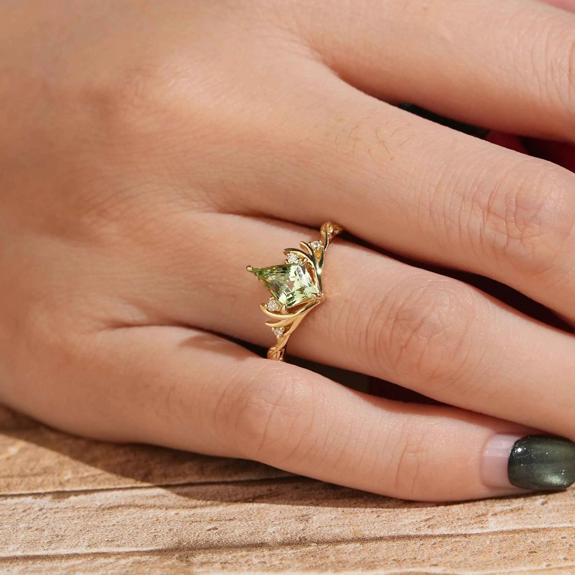 Kite Cut Green Sapphire Stag Inspired Engagement Ring Elven Ring - GemsMagic