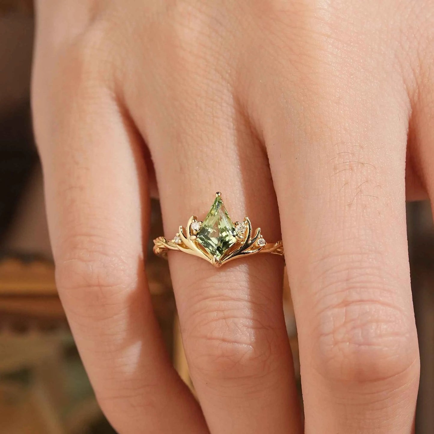 Kite Cut Green Sapphire Stag Inspired Engagement Ring Elven Ring - GemsMagic