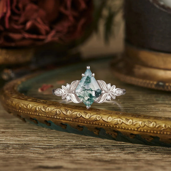 Kite Cut Moss Agate Engagement Ring - Evelyn - GemsMagic