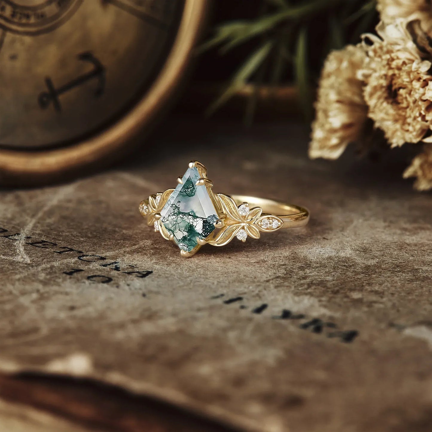 Kite Cut Moss Agate Engagement Ring - Evelyn - GemsMagic