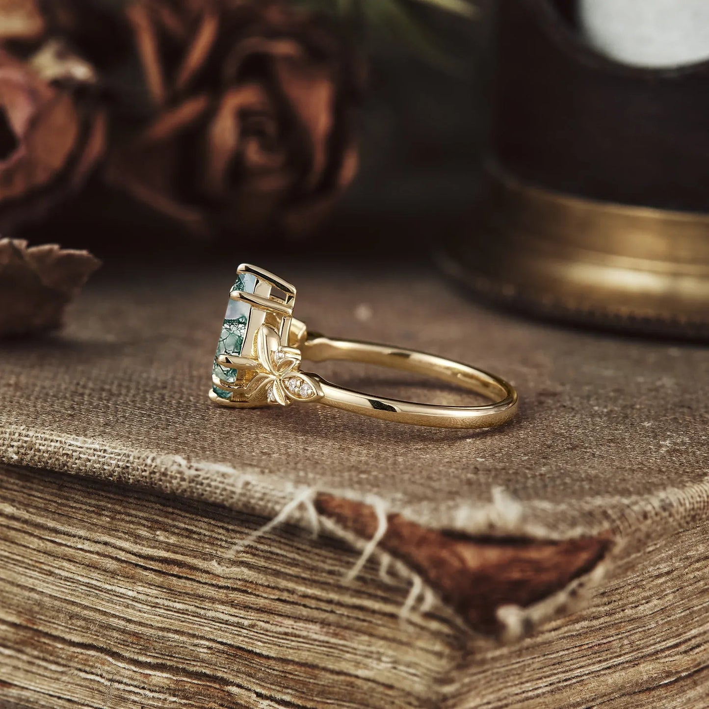 Kite Cut Moss Agate Engagement Ring - Evelyn - GemsMagic