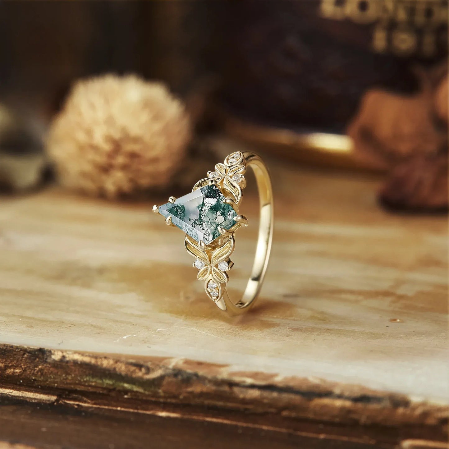 Kite Cut Moss Agate Engagement Ring - Evelyn - GemsMagic