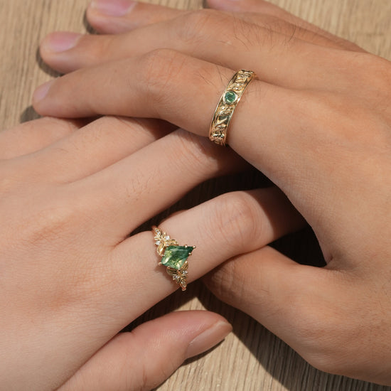 Kite Cut Moss Agate Leaf Couple Rings - Endless Devotion - GemsMagic