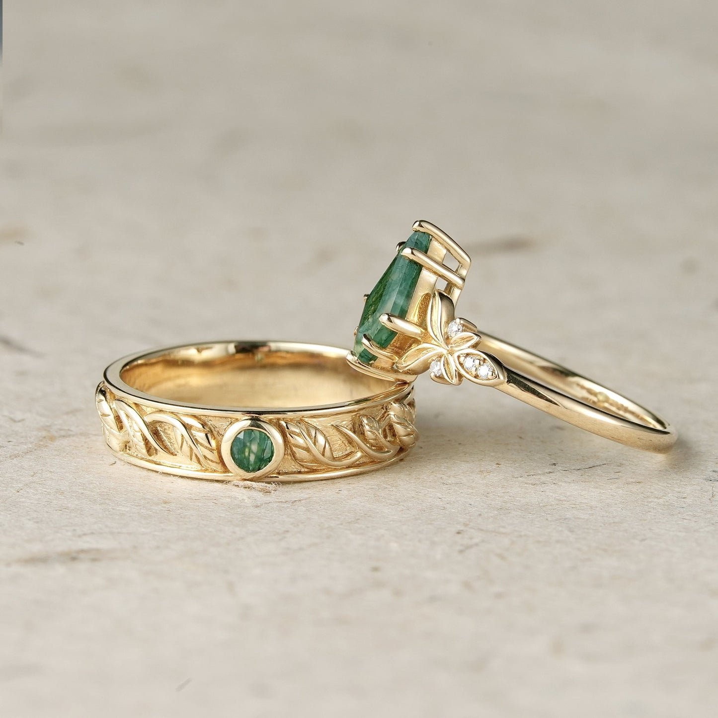 Kite Cut Moss Agate Leaf Couple Rings - Endless Devotion - GemsMagic