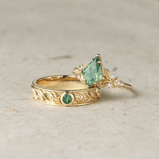 Kite Cut Moss Agate Leaf Couple Rings - Endless Devotion - GemsMagic