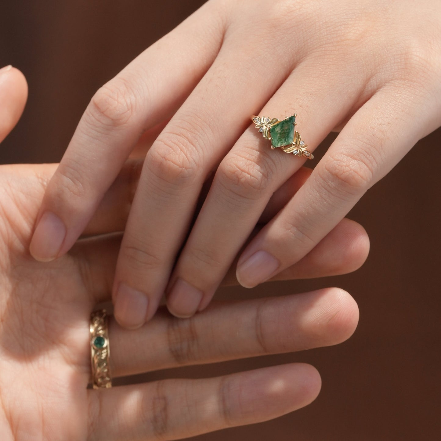 Kite Cut Moss Agate Leaf Couple Rings - Endless Devotion - GemsMagic