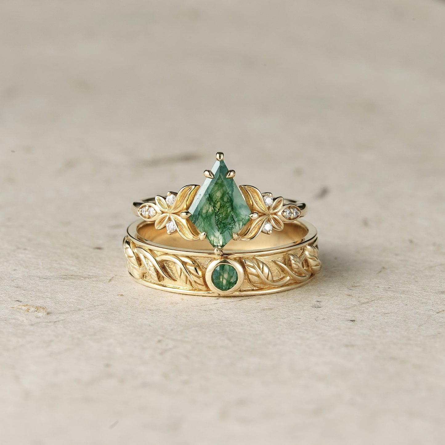 Kite Cut Moss Agate Leaf Couple Rings - Endless Devotion - GemsMagic