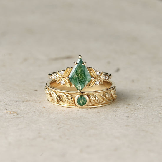 Kite Cut Moss Agate Leaf Couple Rings - Endless Devotion - GemsMagic