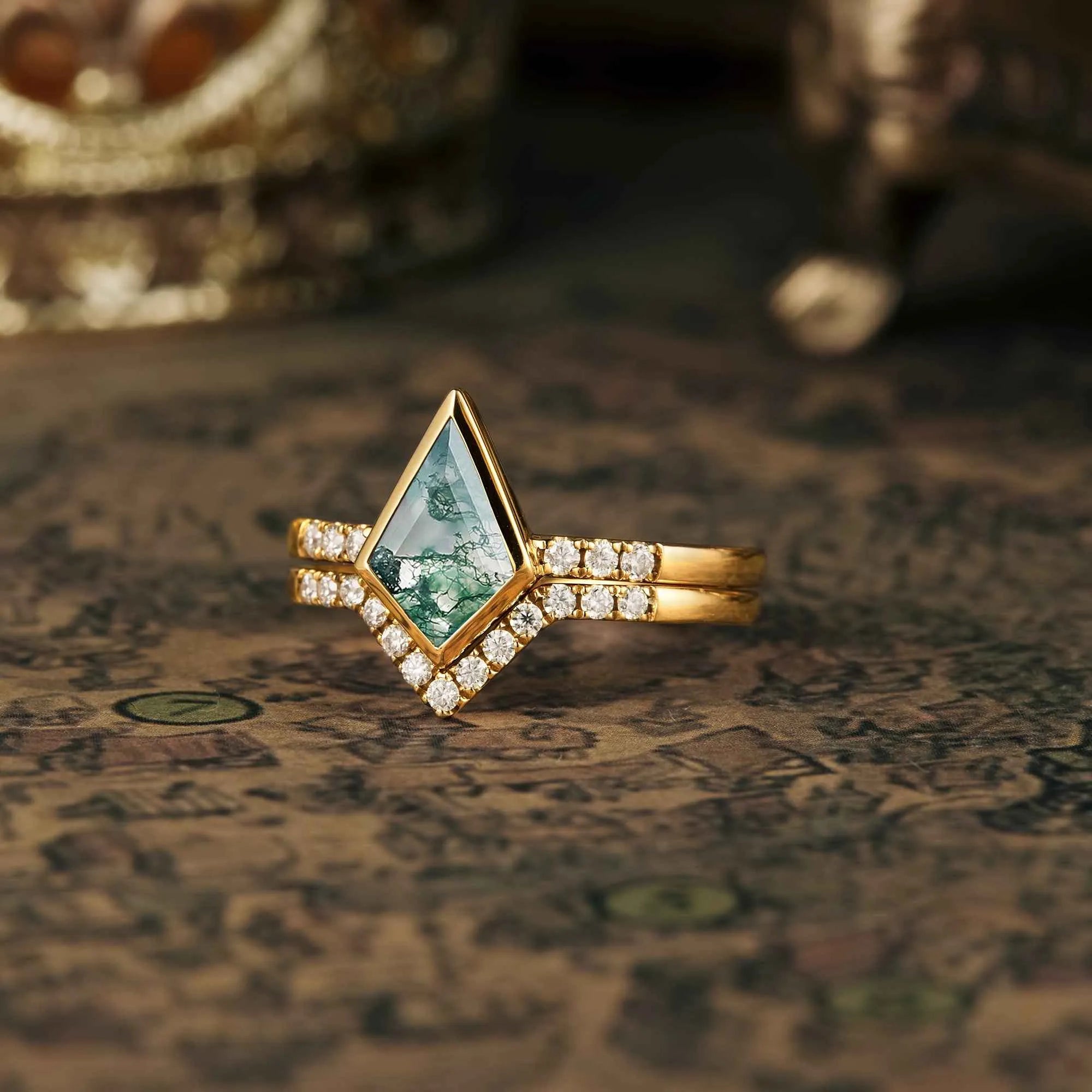 Kite Cut Moss Agate Ring Set 2pcs - GemsMagic - GemsMagic