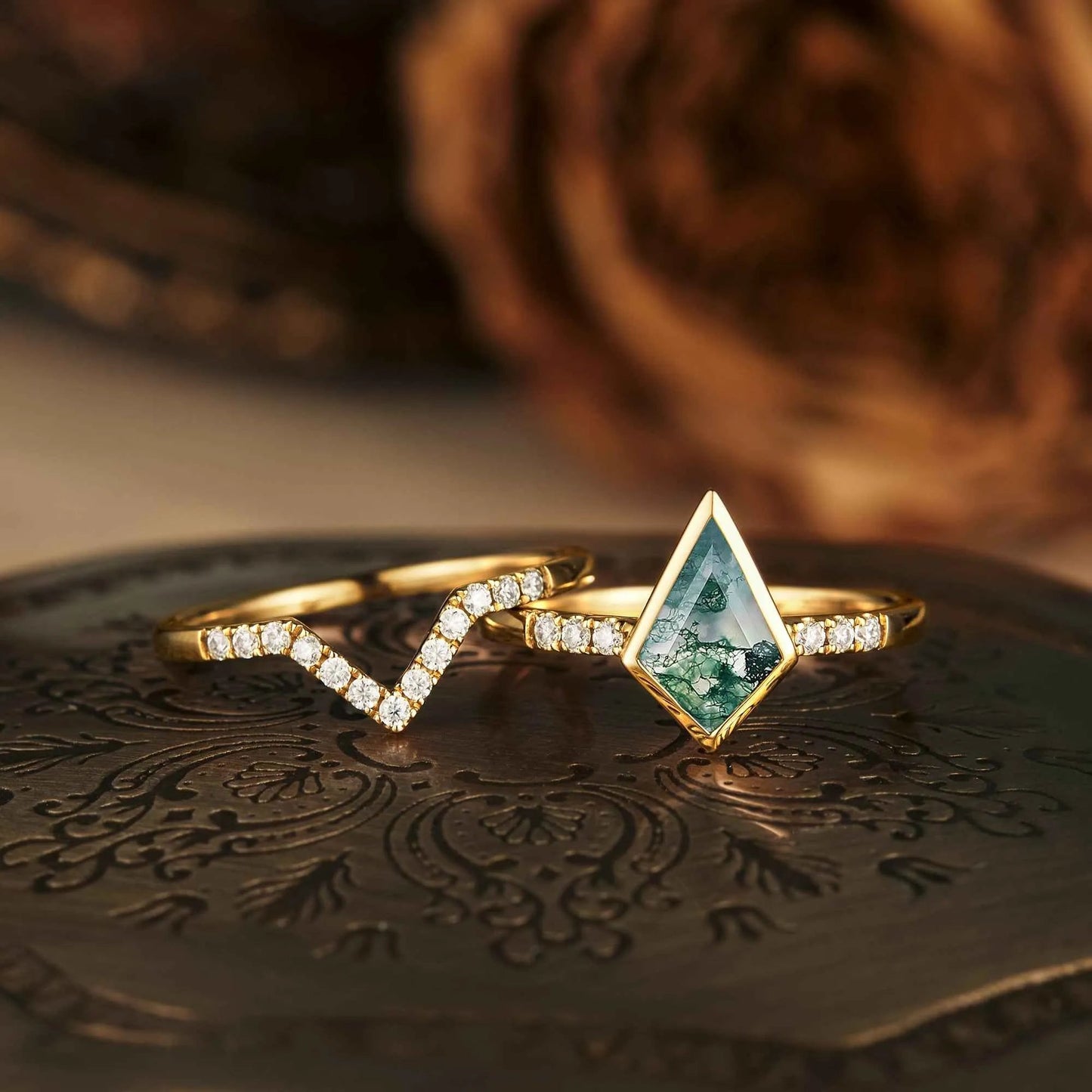 Kite Cut Moss Agate Ring Set 2pcs - GemsMagic - GemsMagic