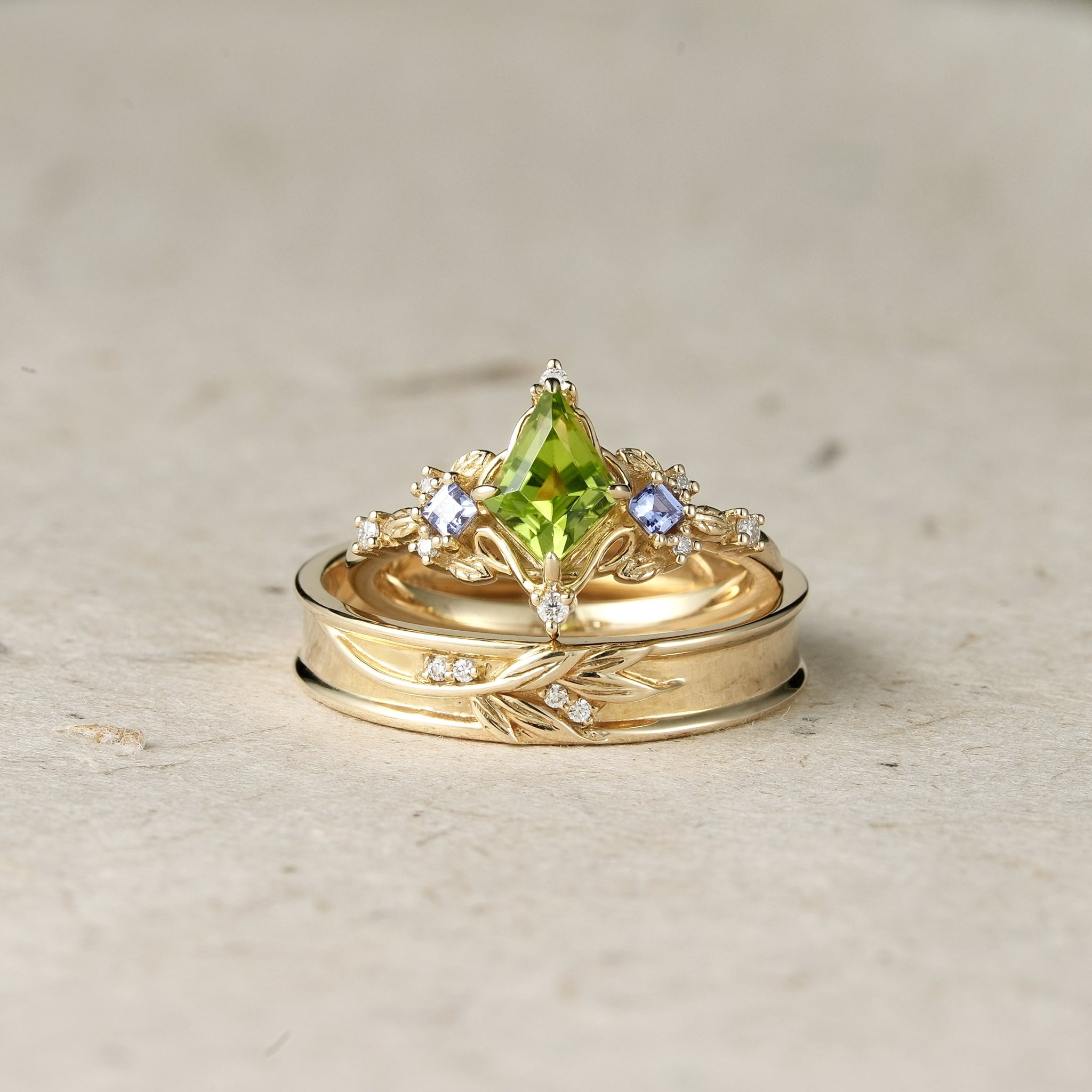 Kite - Shaped Peridot Tanzanite Couple's Ring - Perfect Match - GemsMagic