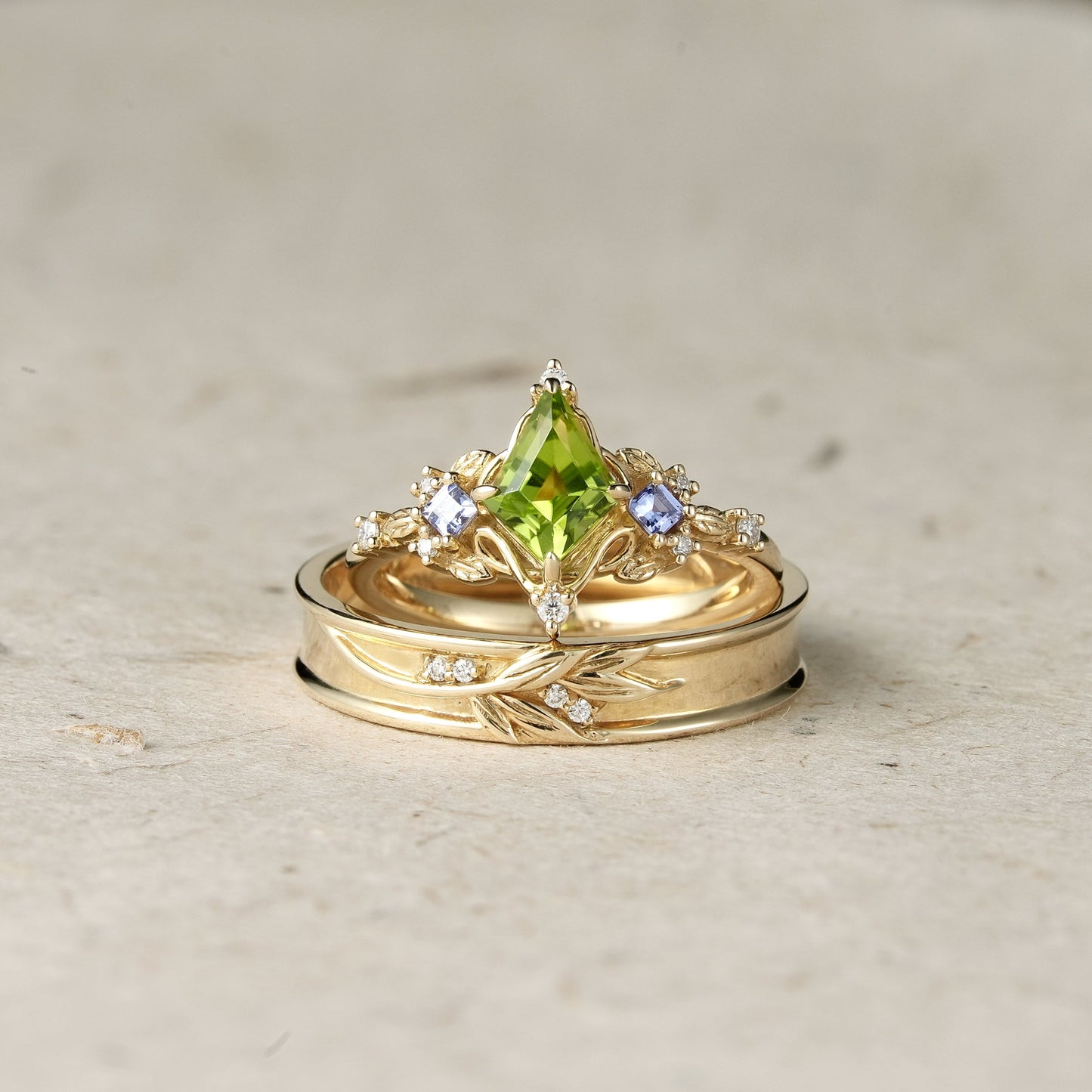 Kite - Shaped Peridot Tanzanite Couple's Ring - Perfect Match - GemsMagic
