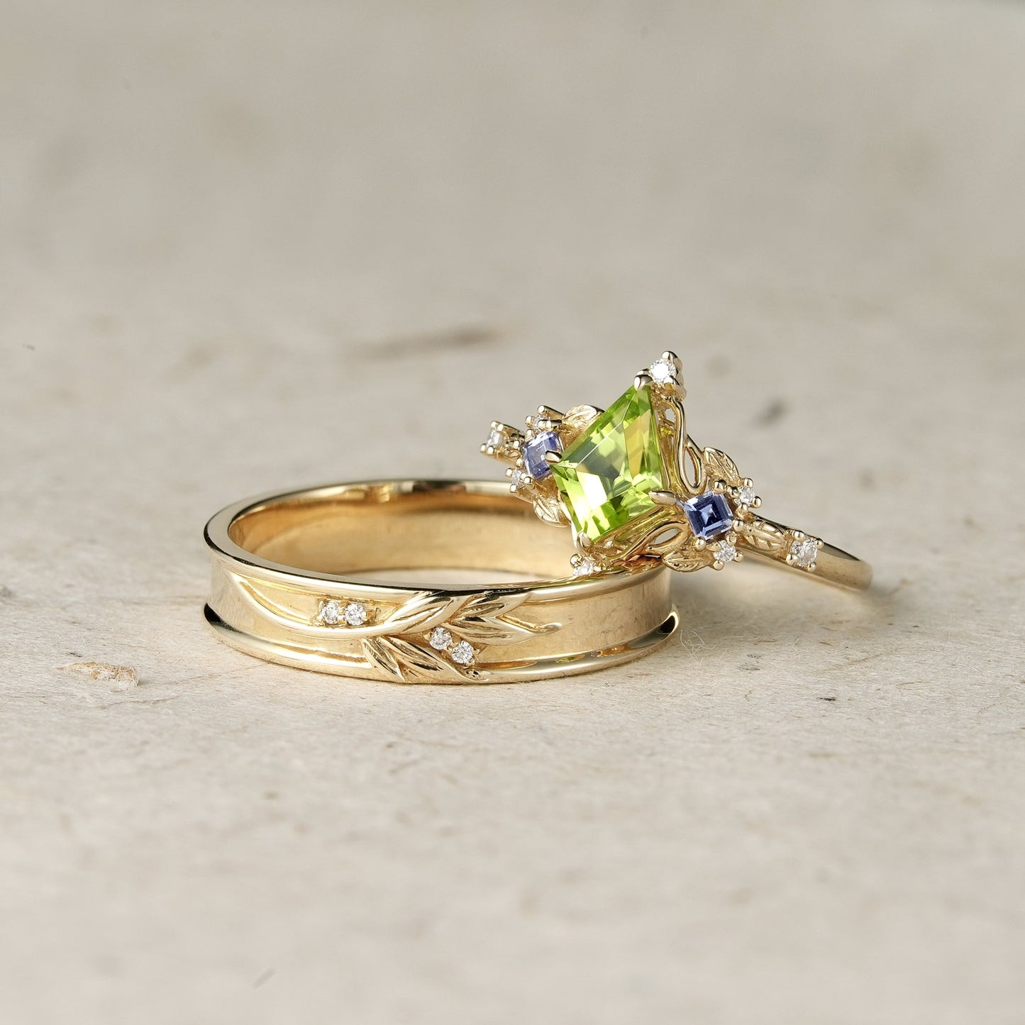 Kite - Shaped Peridot Tanzanite Couple's Ring - Perfect Match - GemsMagic