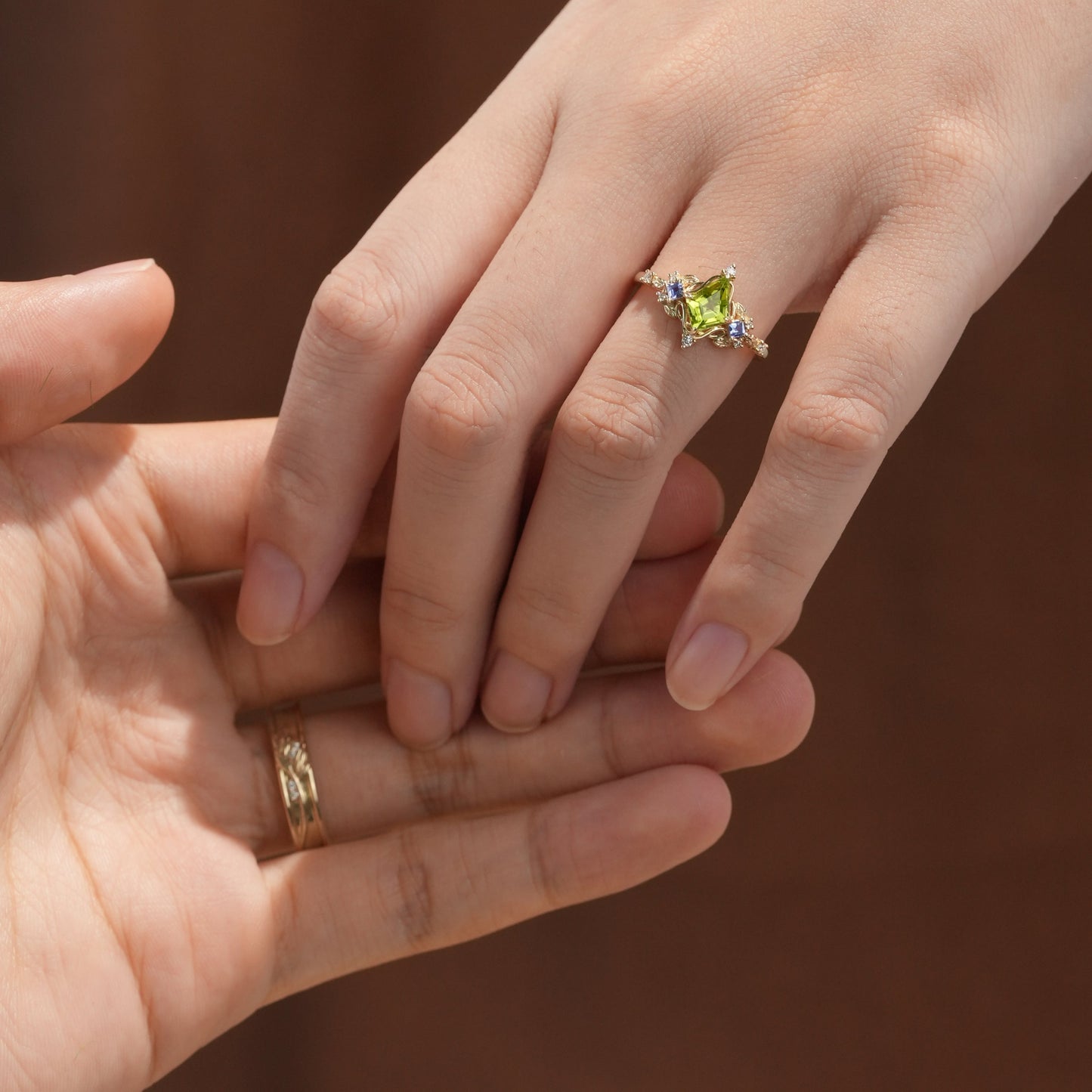Kite - Shaped Peridot Tanzanite Couple's Ring - Perfect Match - GemsMagic