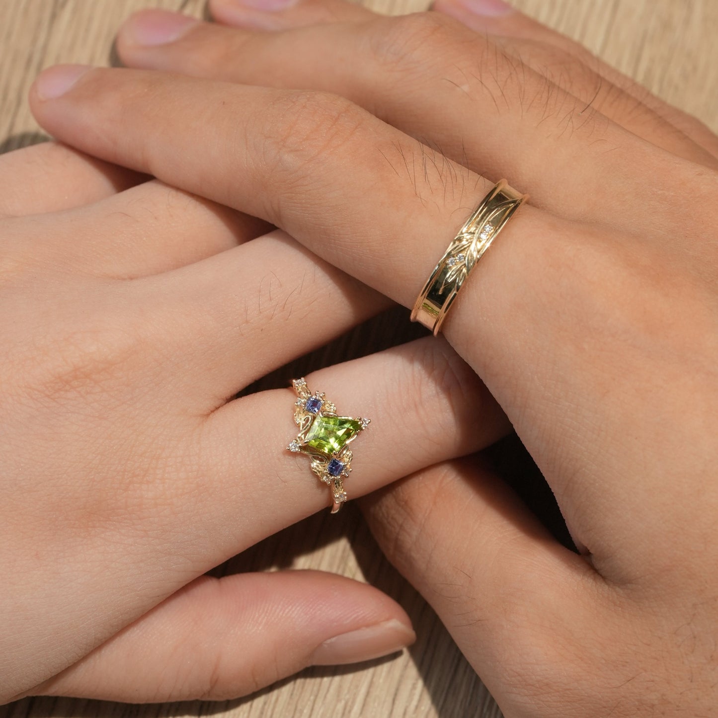 Kite - Shaped Peridot Tanzanite Couple's Ring - Perfect Match - GemsMagic