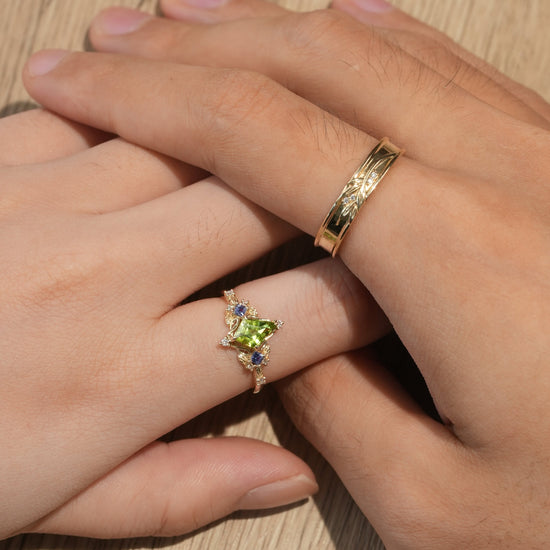 Kite - Shaped Peridot Tanzanite Couple's Ring - Perfect Match - GemsMagic