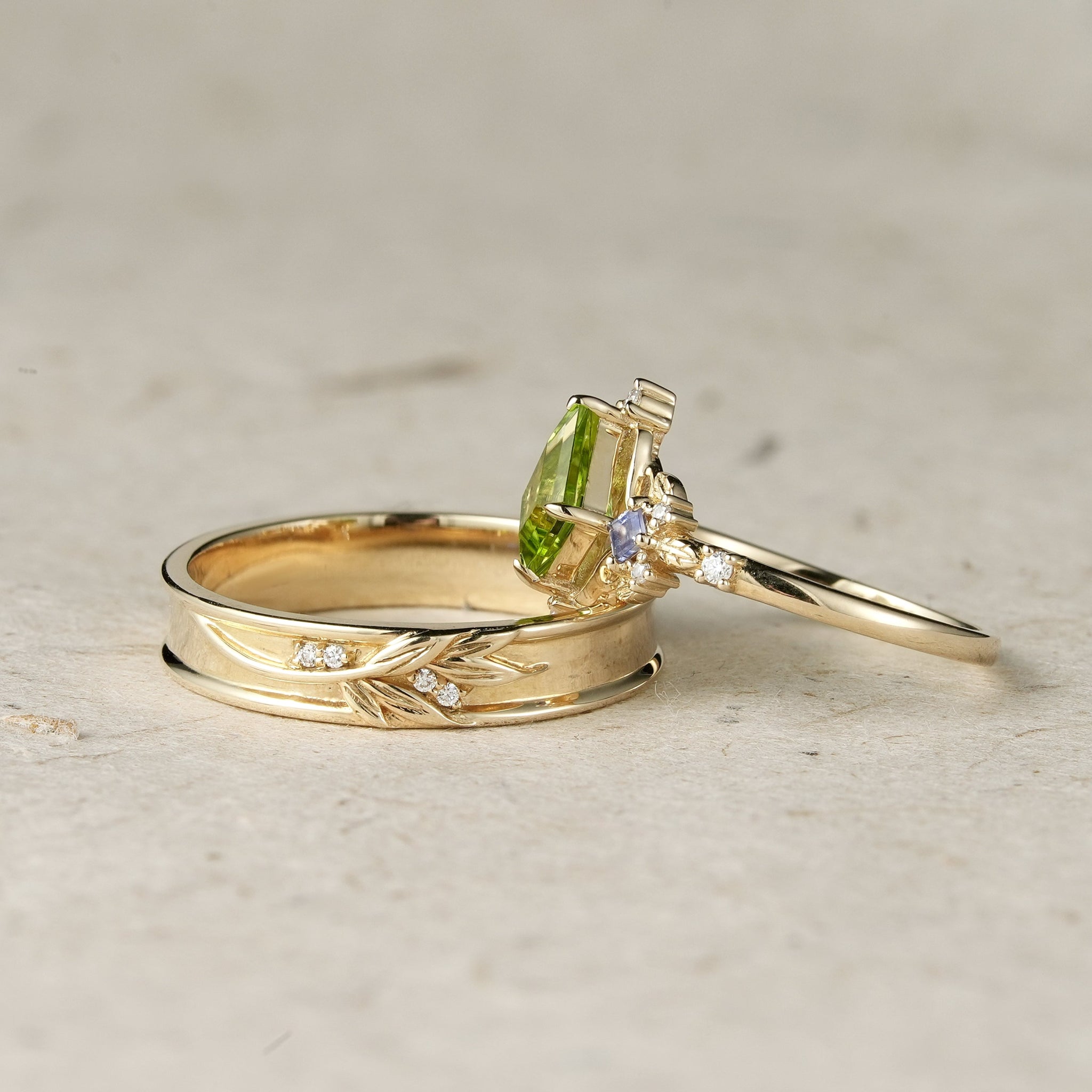 Kite - Shaped Peridot Tanzanite Couple's Ring - Perfect Match - GemsMagic