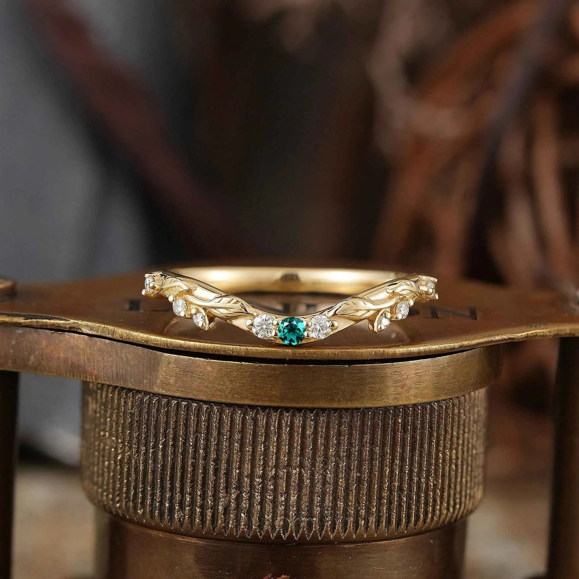 Lab Emerald Wedding Band Leaf Inspired Curved Wedding Ring - GemsMagic