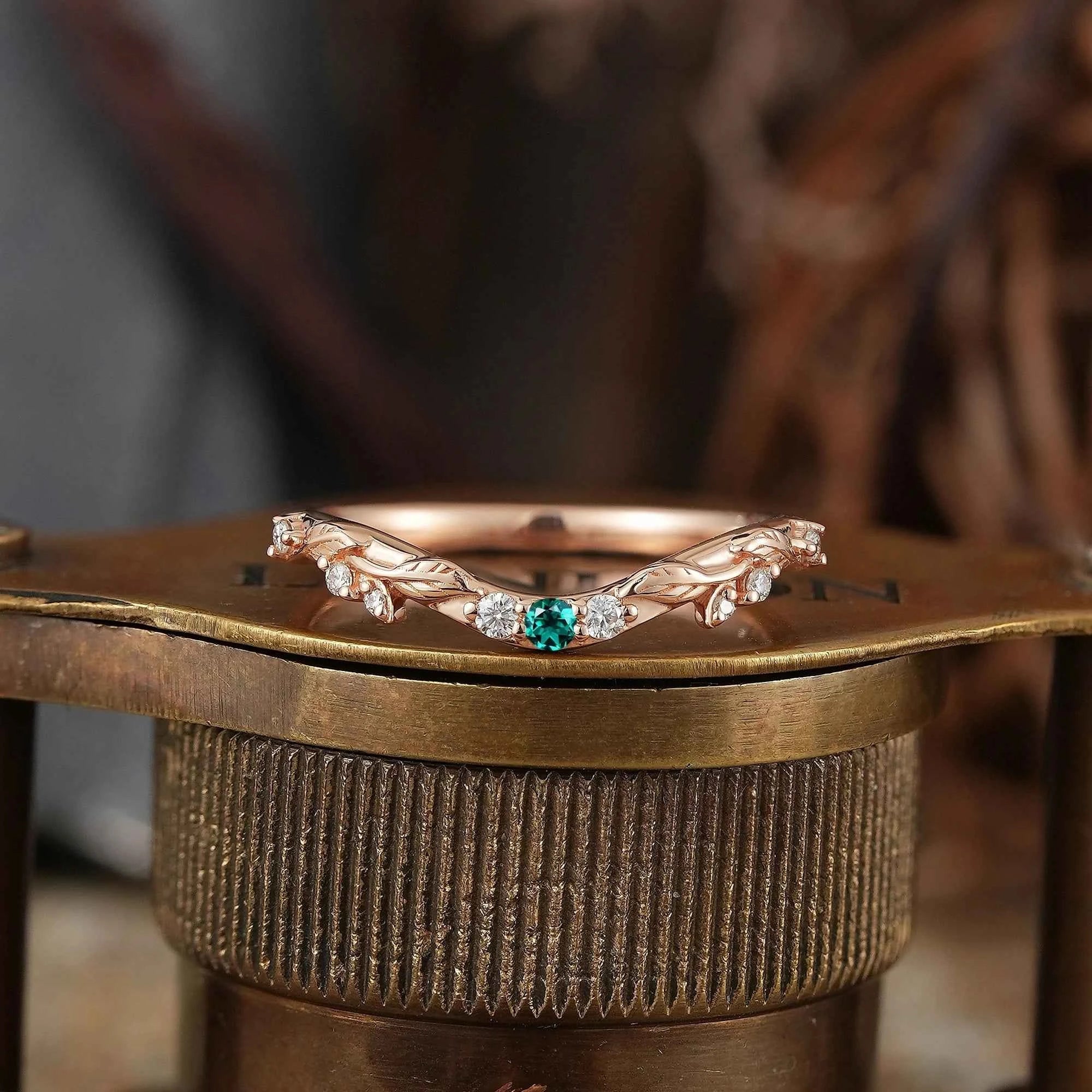 Lab Emerald Wedding Band Leaf Inspired Curved Wedding Ring - GemsMagic