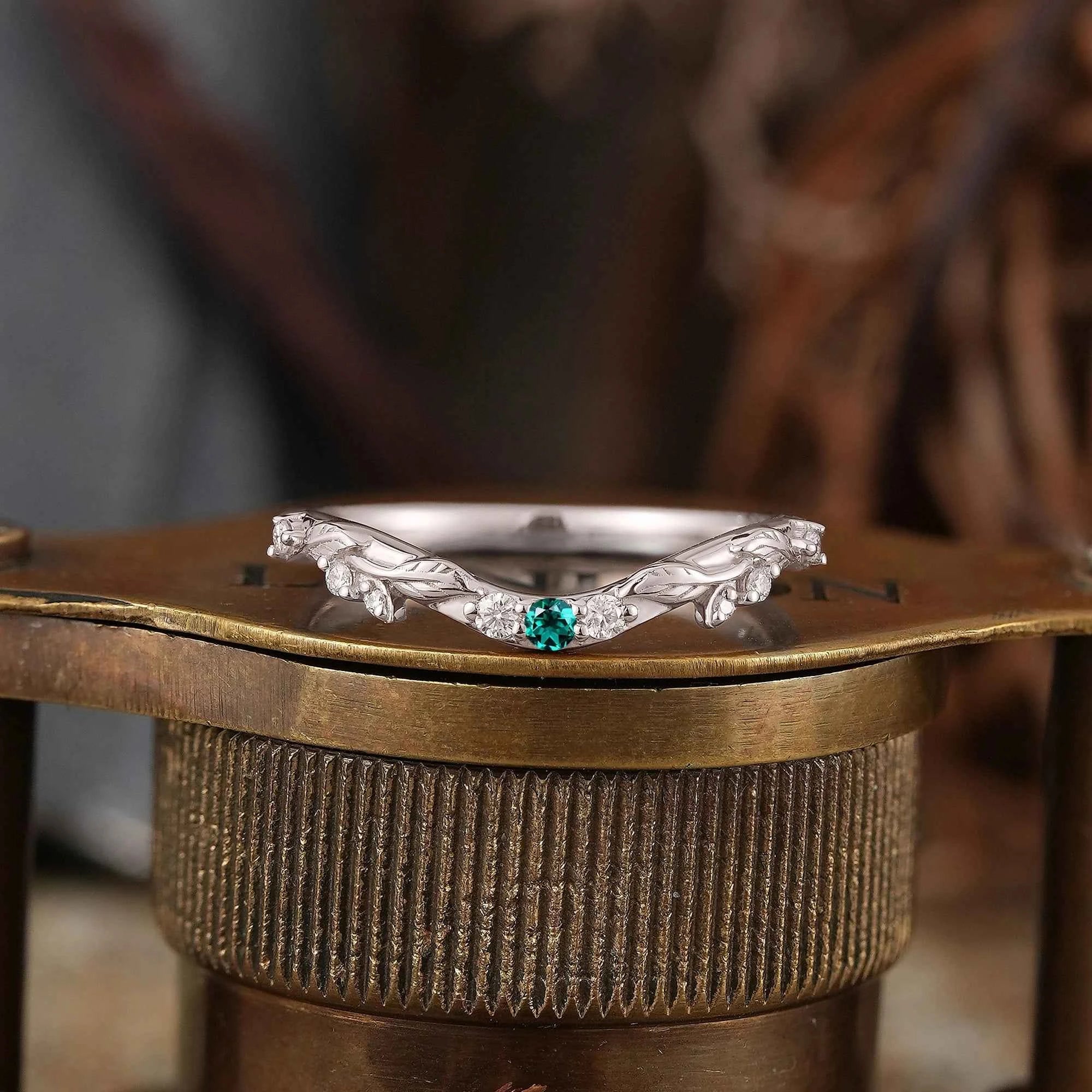 Lab Emerald Wedding Band Leaf Inspired Curved Wedding Ring - GemsMagic